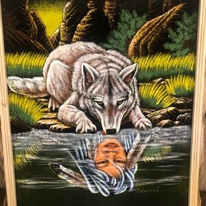 Wild Wolf Reflection Velvet Native American Painting by Sanchez New W 18X22” H